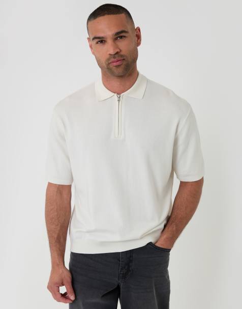 Threadbare Relaxed fit knitted quarter zip polo in natural - view 1