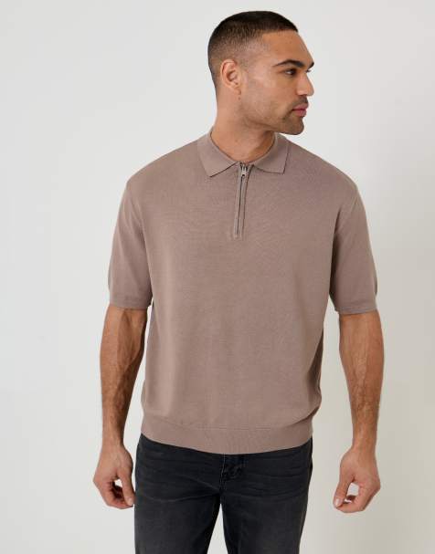 Threadbare Relaxed fit knitted quarter zip polo in taupe - view 1