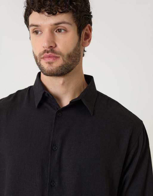 Threadbare Relaxed fit linen blend shirt in black, 3 of 4