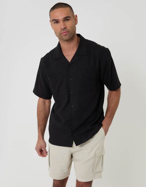 Threadbare Relaxed fit linen blend short sleeve shirt in black - view 1