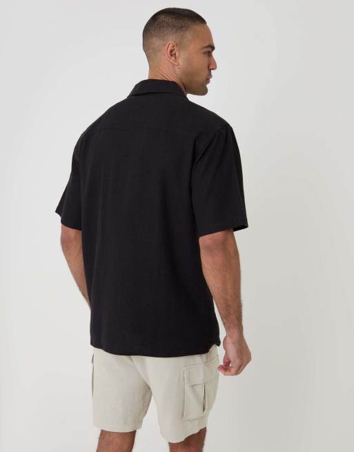 Threadbare Relaxed fit linen blend short sleeve shirt in black, 2 of 4