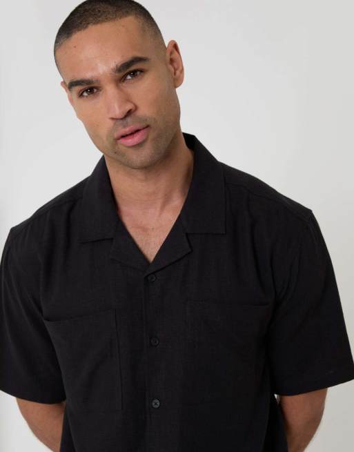 Threadbare Relaxed fit linen blend short sleeve shirt in black, 3 of 4