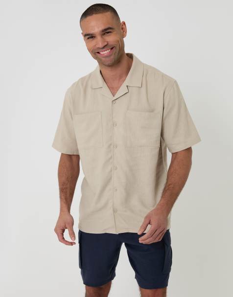 Threadbare Relaxed fit linen blend short sleeve shirt in stone - view 1