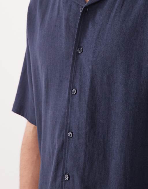 Threadbare relaxed fit linen mix short sleeve shirt in navy, 3 of 5