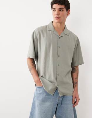 Threadbare Relaxed Fit Linen Mix Short Sleeve Shirt In Green