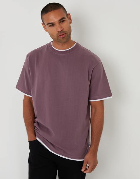 Threadbare Relaxed fit mock layer t-shirt in dark mauve - view 1