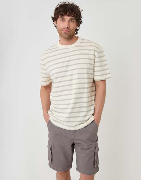 Threadbare Relaxed fit stripe cotton t-shirt in off white