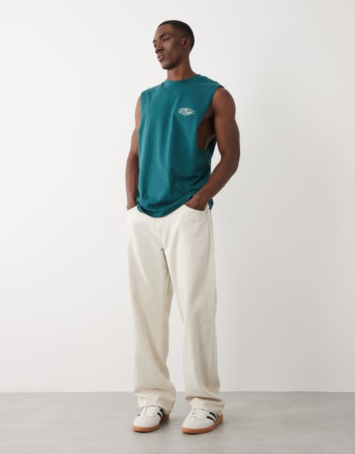 Threadbare relaxed fit tank top with beach graphic print in green, 2 of 5