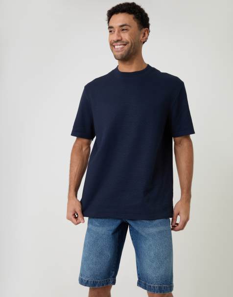 Threadbare Relaxed fit textured crew neck t-shirt in navy