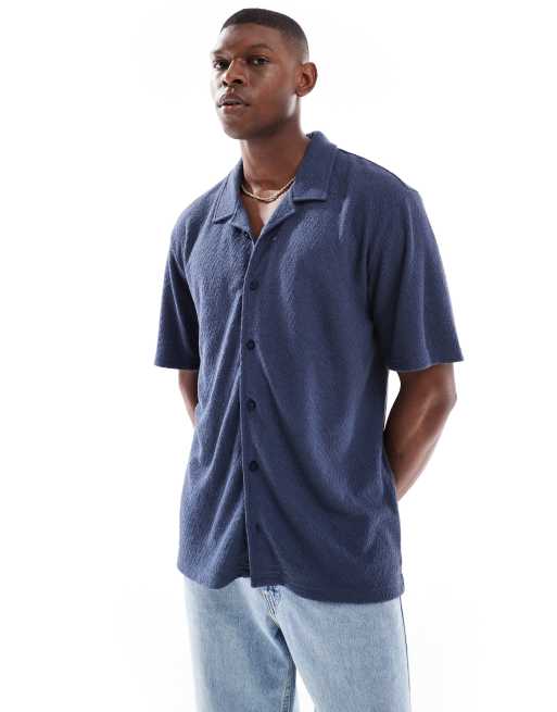 Threadbare Relaxed fit textured revere collar shirt in blue