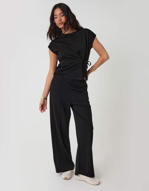Threadbare Relaxed fit tie top & wide leg trousers set in black