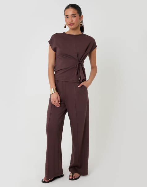 Threadbare Relaxed fit tie top & wide leg trousers set in chocolate - view 1