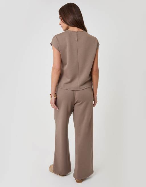 Threadbare Relaxed fit tie top & wide leg trousers set in chocolate, 2 of 4