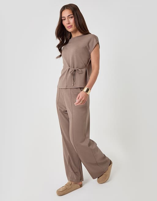Threadbare Relaxed fit tie top & wide leg trousers set in chocolate, 4 of 4