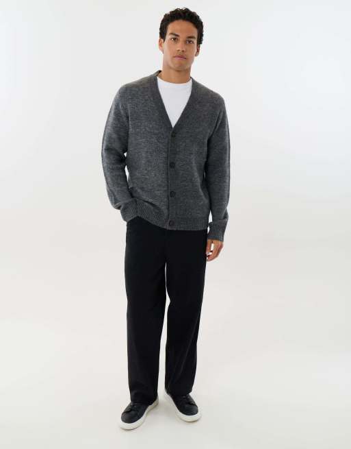 Threadbare Relaxed fit wool blend v neck cardigan in charcoal, 3 of 4