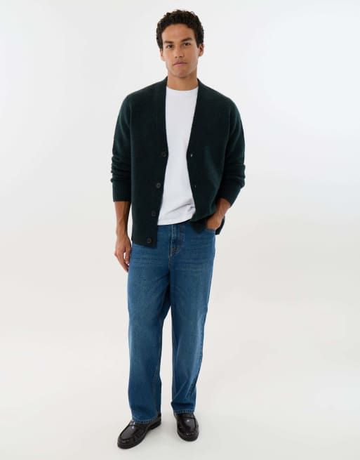 Threadbare Relaxed fit wool blend v neck cardigan in forest green, 3 of 4