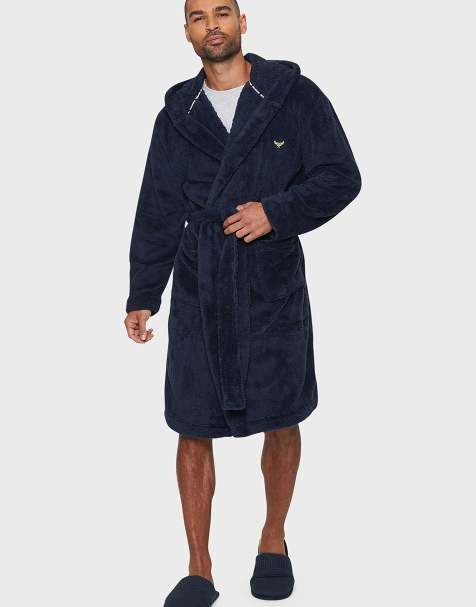 Threadbare 'revel' hooded dressing gown in navy - view 1