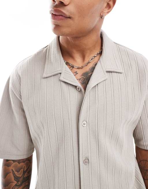 Threadbare revere collar shirt in taupe textured stripe, 2 of 4