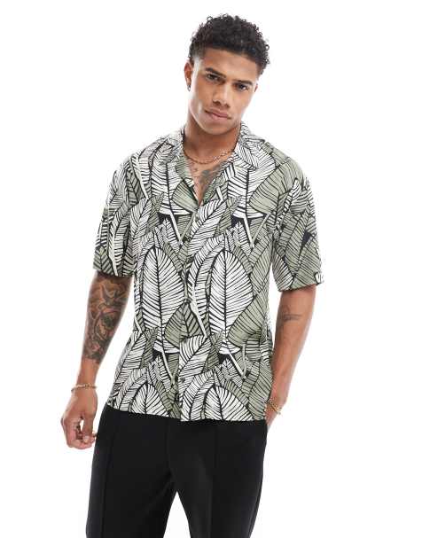 Threadbare revere collar shirt with all over leaf print - view 1