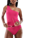 Threadbare reversible one shoulder swimsuit in solid hot pink & solid black-Multi