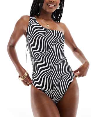 Threadbare reversible one shoulder swimsuit in solid red & black white print-Multi