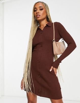 Threadbare Rhia button down mini jumper dress in chocolate brown