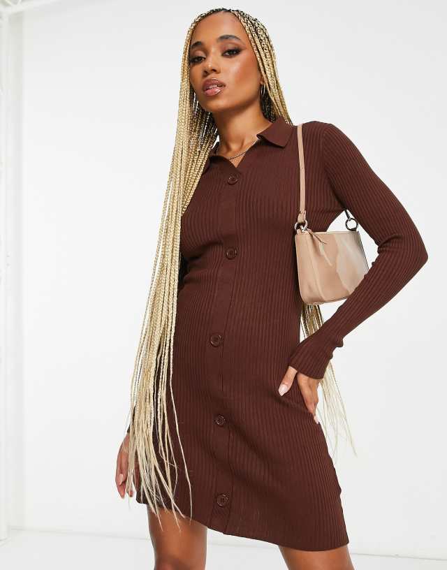 Threadbare Rhia button down mini sweater dress in chocolate brown