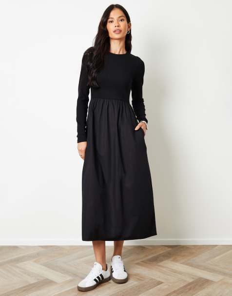 Threadbare Rib jersey 2-in-1 midi dress with poplin skirt in black - view 1