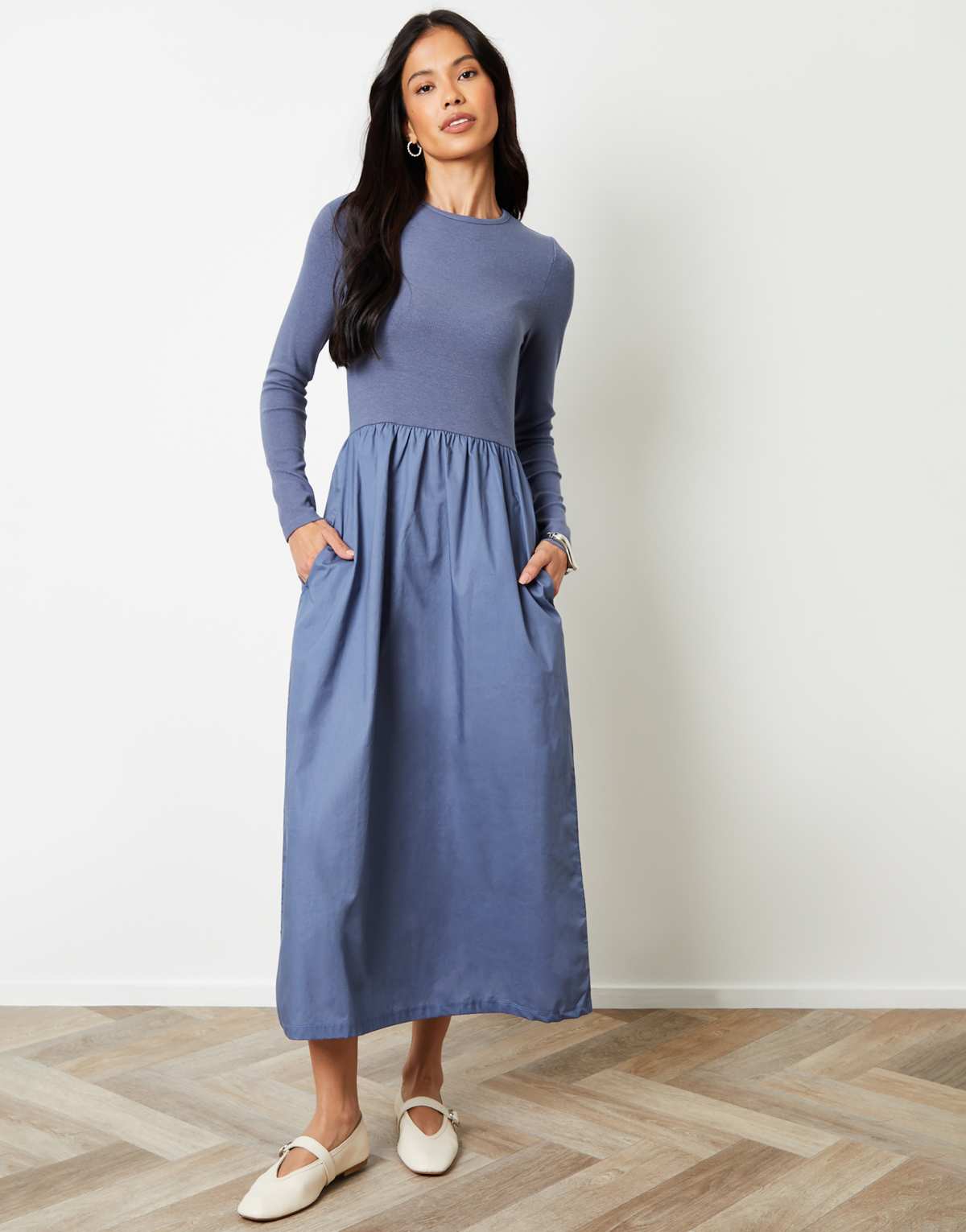 Threadbare Rib jersey 2-in-1 midi dress with poplin skirt in blue