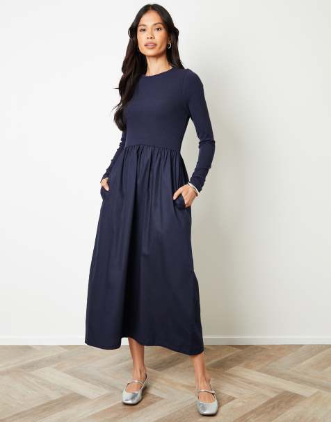 Threadbare Rib jersey 2-in-1 midi dress with poplin skirt in navy - view 1