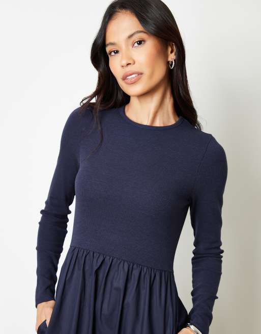 Threadbare Rib jersey 2-in-1 midi dress with poplin skirt in navy, 2 of 4