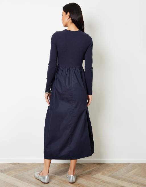 Threadbare Rib jersey 2-in-1 midi dress with poplin skirt in navy, 4 of 4