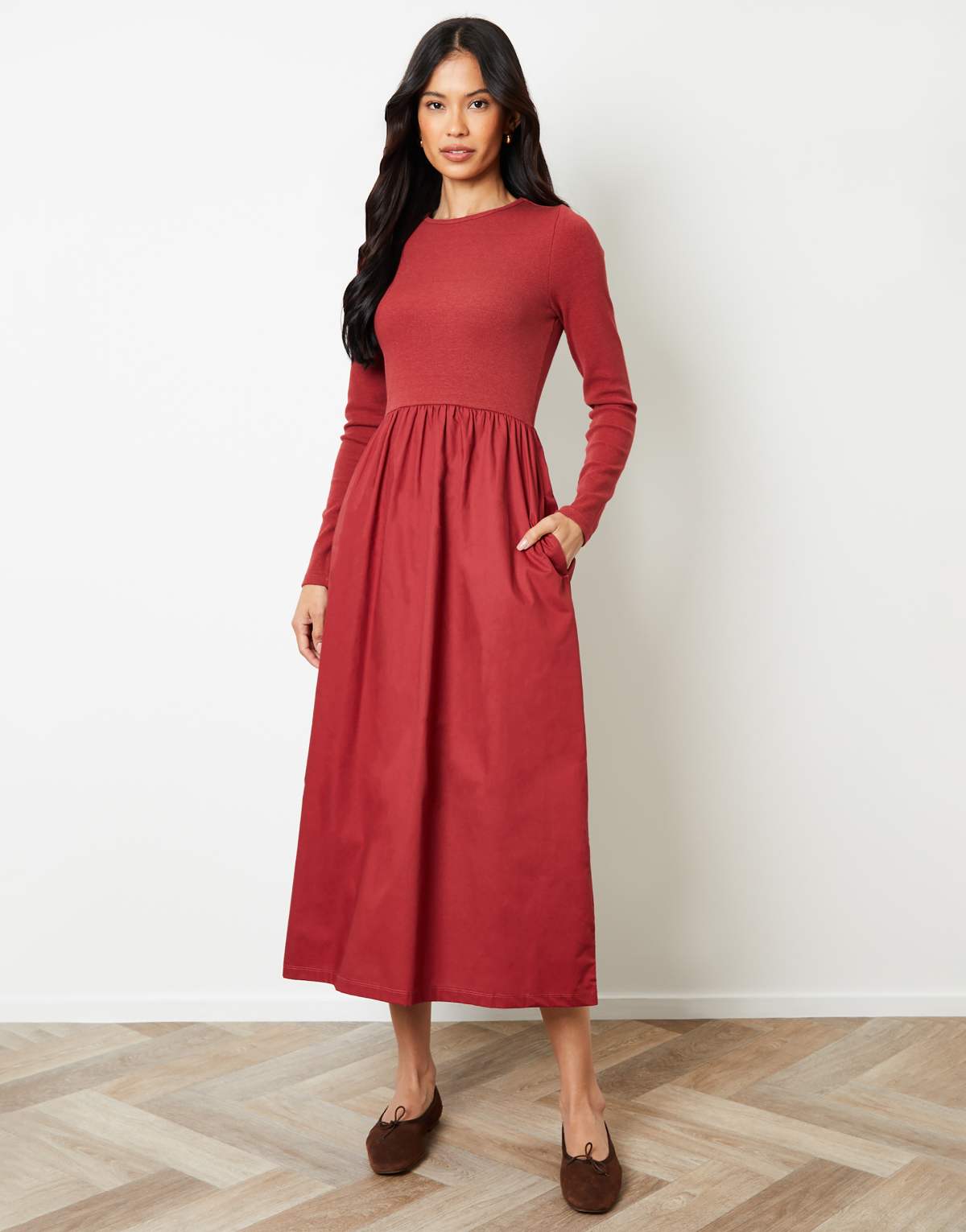 Threadbare Rib jersey 2-in-1 midi dress with poplin skirt in terracotta