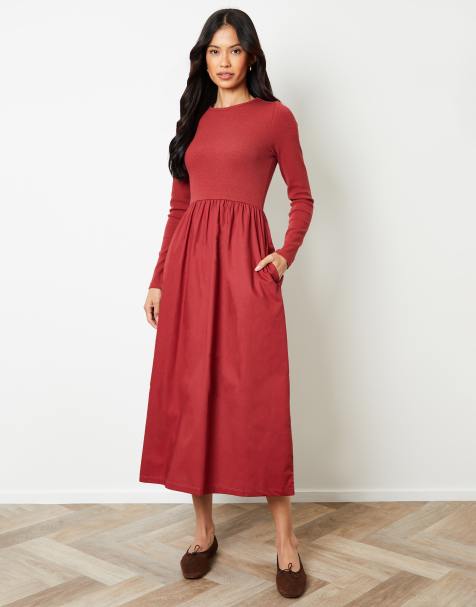Threadbare Rib jersey 2-in-1 midi dress with poplin skirt in terracotta