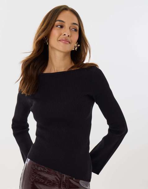 Threadbare Ribbed asymmetric long sleeve top in black - view 1