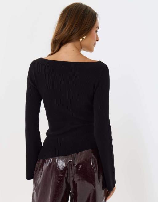 Threadbare Ribbed asymmetric long sleeve top in black, 2 of 4