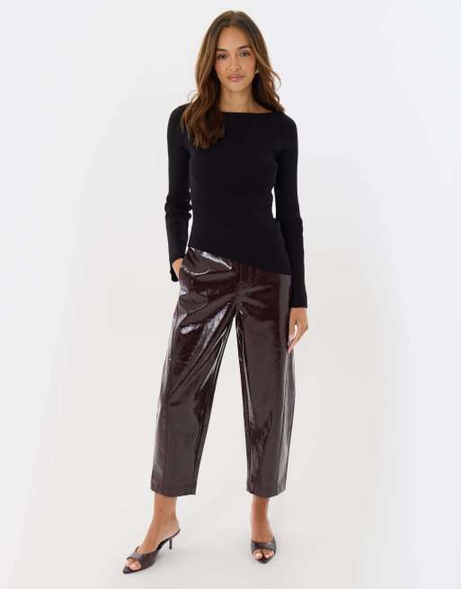 Threadbare Ribbed asymmetric long sleeve top in black, 4 of 4
