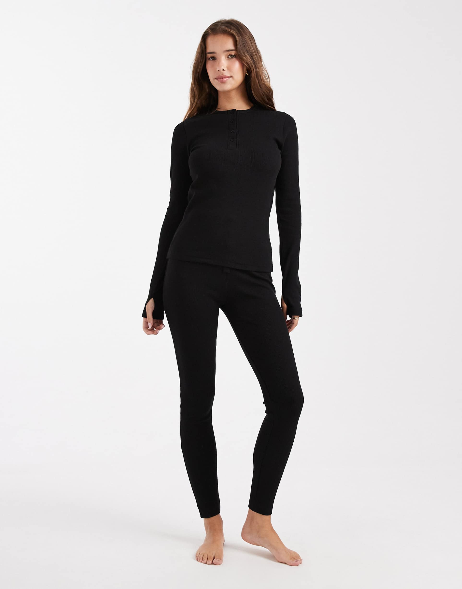 threadbare ribbed button down long sleeve loungewear set in black