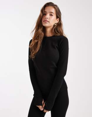Threadbare Ribbed Button Down Long Sleeve Loungewear Set In Black