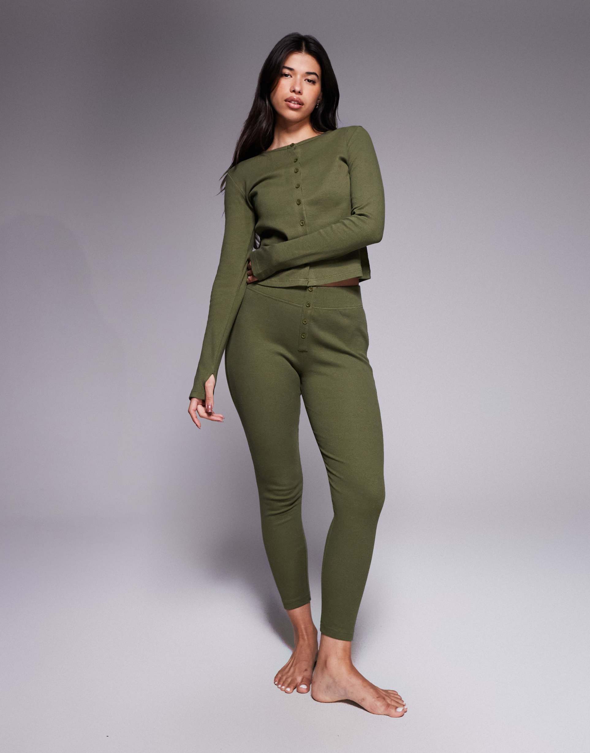threadbare ribbed button down long sleeve loungewear set in khaki