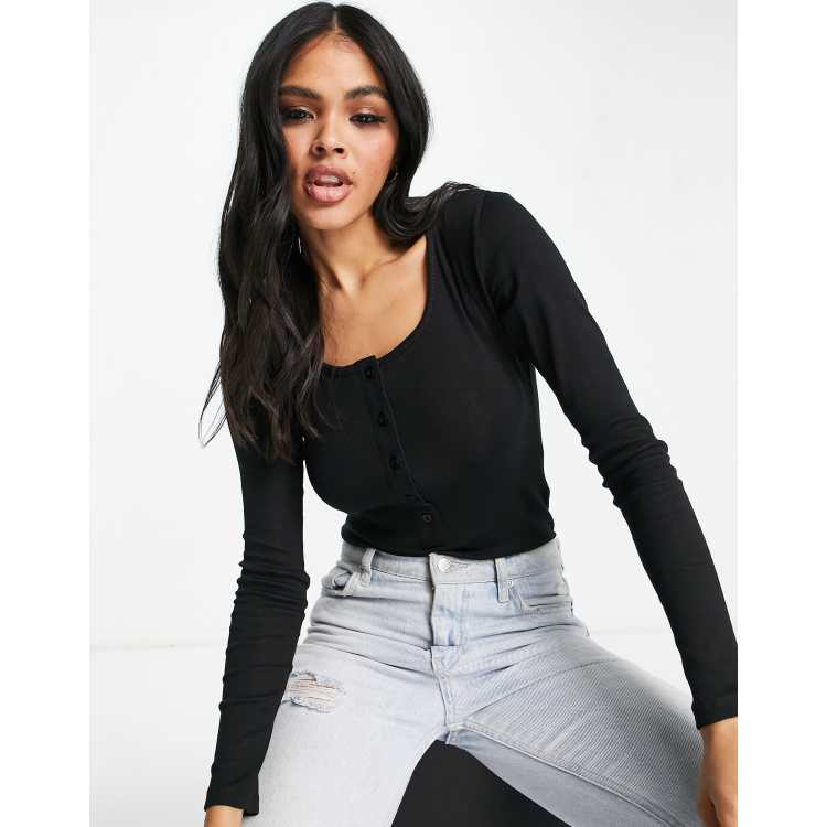 Threadbare ribbed button front long sleeve bodysuit in black