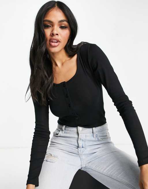 Black Long Sleeve Rib Button Top