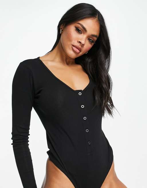 Threadbare ribbed button front long sleeve bodysuit in black