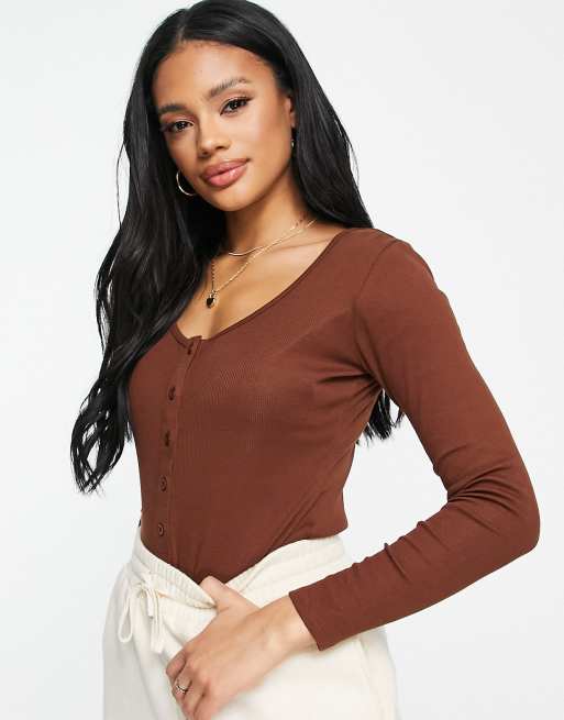 Threadbare ribbed button front long sleeve bodysuit in chocolate brown