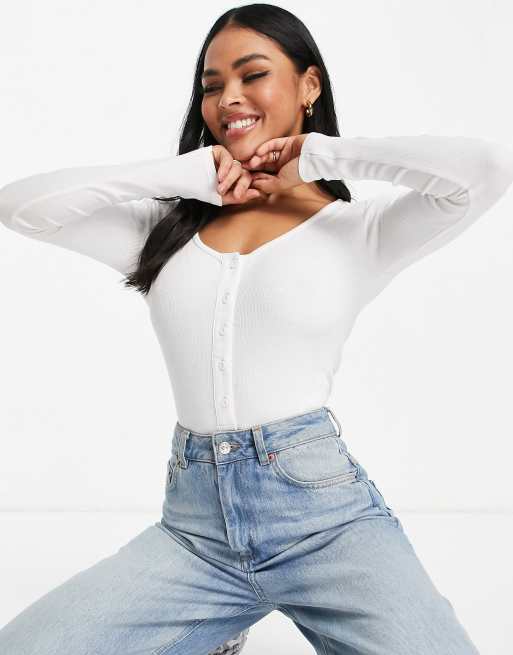 Long Sleeve Crew Neck Button Down Bodysuit - White