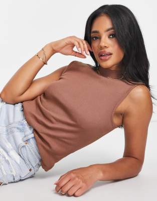 Threadbare Ribbed High Neck Crop Top In Chocolate Brown ModeSens