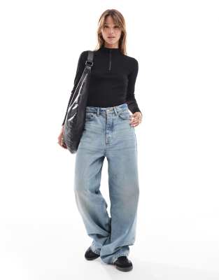 Threadbare Threadbare ribbed high neck half zip long sleeve bodysuit in black