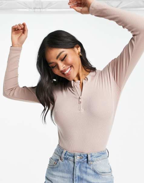 Threadbare ribbed high neck half zip long sleeve bodysuit in taupe - view 1
