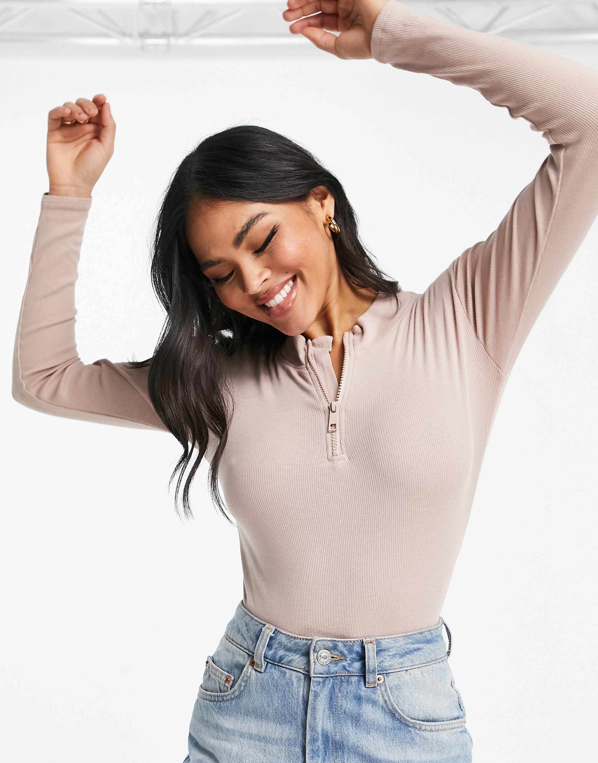 threadbare ribbed high neck half zip long sleeve bodysuit in taupe