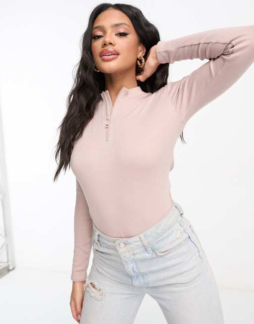 Threadbare ribbed high neck half zip long sleeve bodysuit in taupe